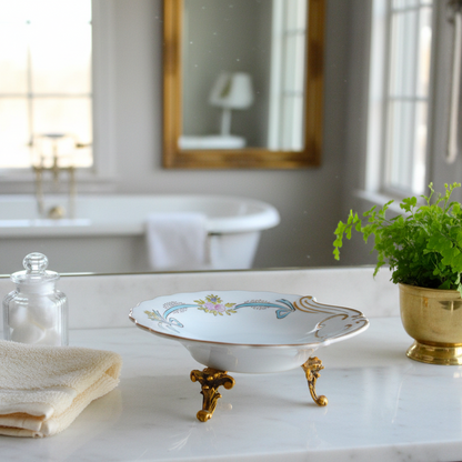 Haviland Porcelain Limoges Soap Dish with Stylebuilt Holywood Regency Gold Plated Leg Base