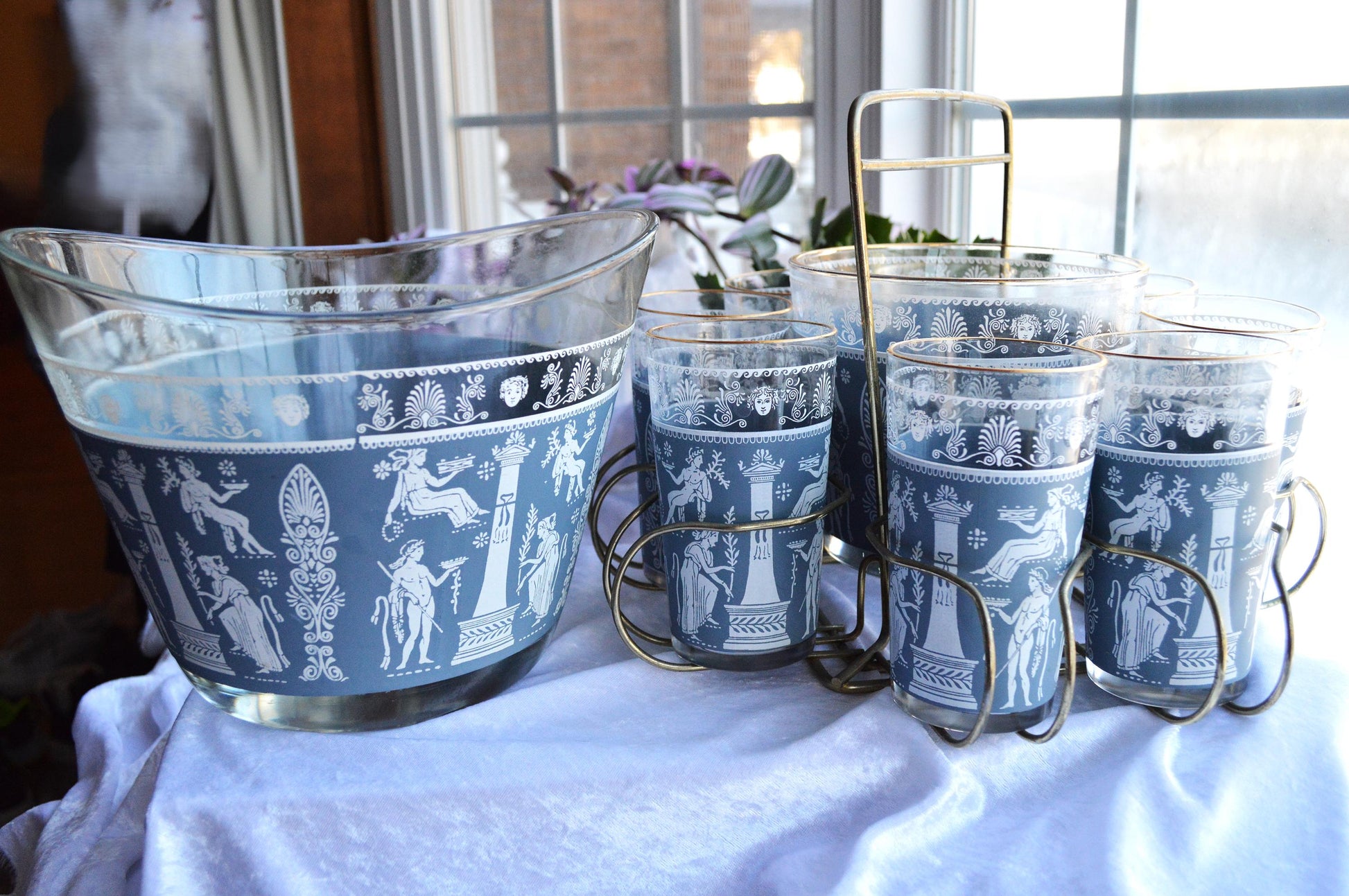 Vintage Jeannette Glass Punch Set, Hellenic Blue Greek Key Design, 1950s Barware