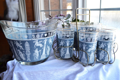 Vintage Jeannette Glass Punch Set, Hellenic Blue Greek Key Design, 1950s Barware