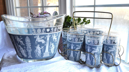 Vintage Jeannette Glass Punch Set, Hellenic Blue Greek Key Design, 1950s Barware