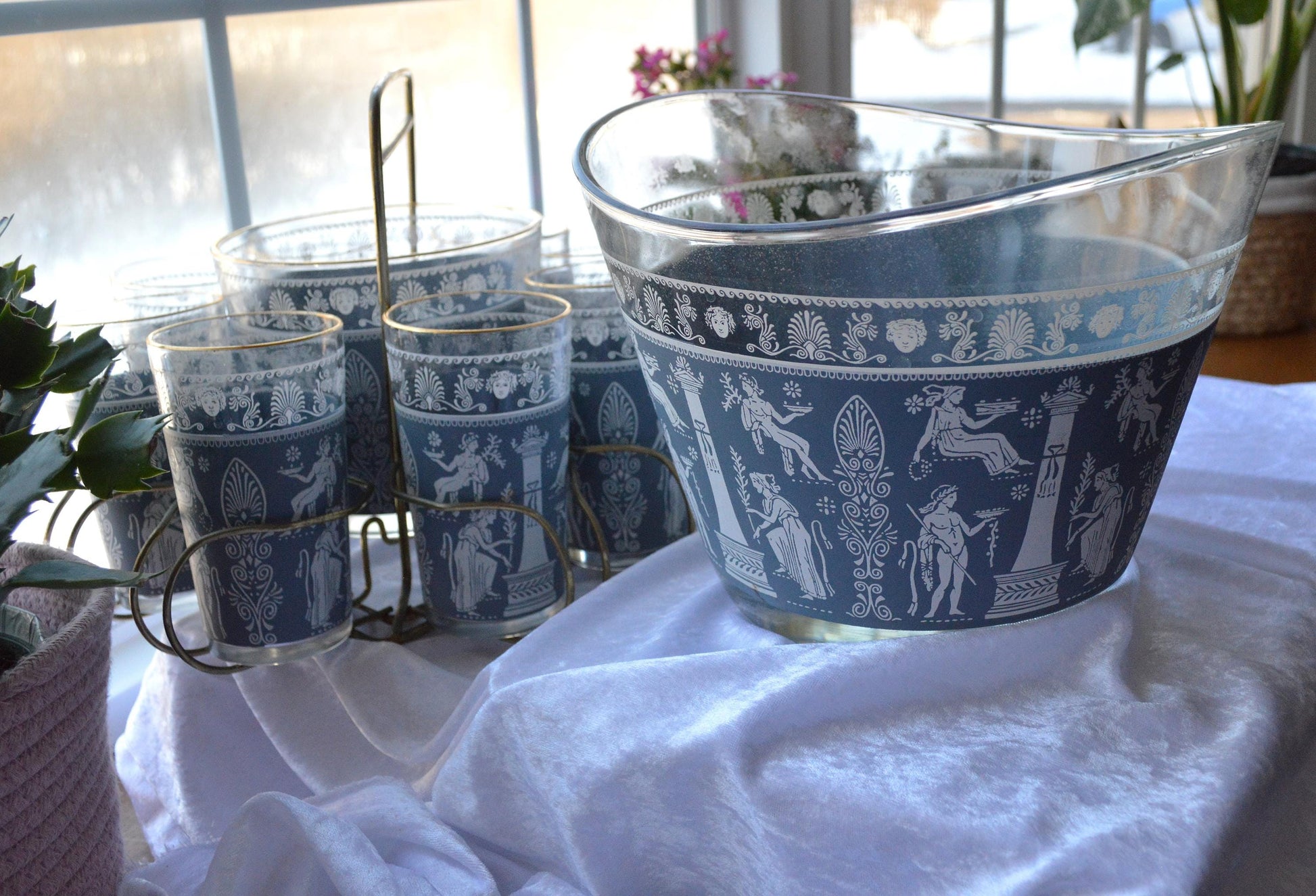 Vintage Jeannette Glass Punch Set, Hellenic Blue Greek Key Design, 1950s Barware