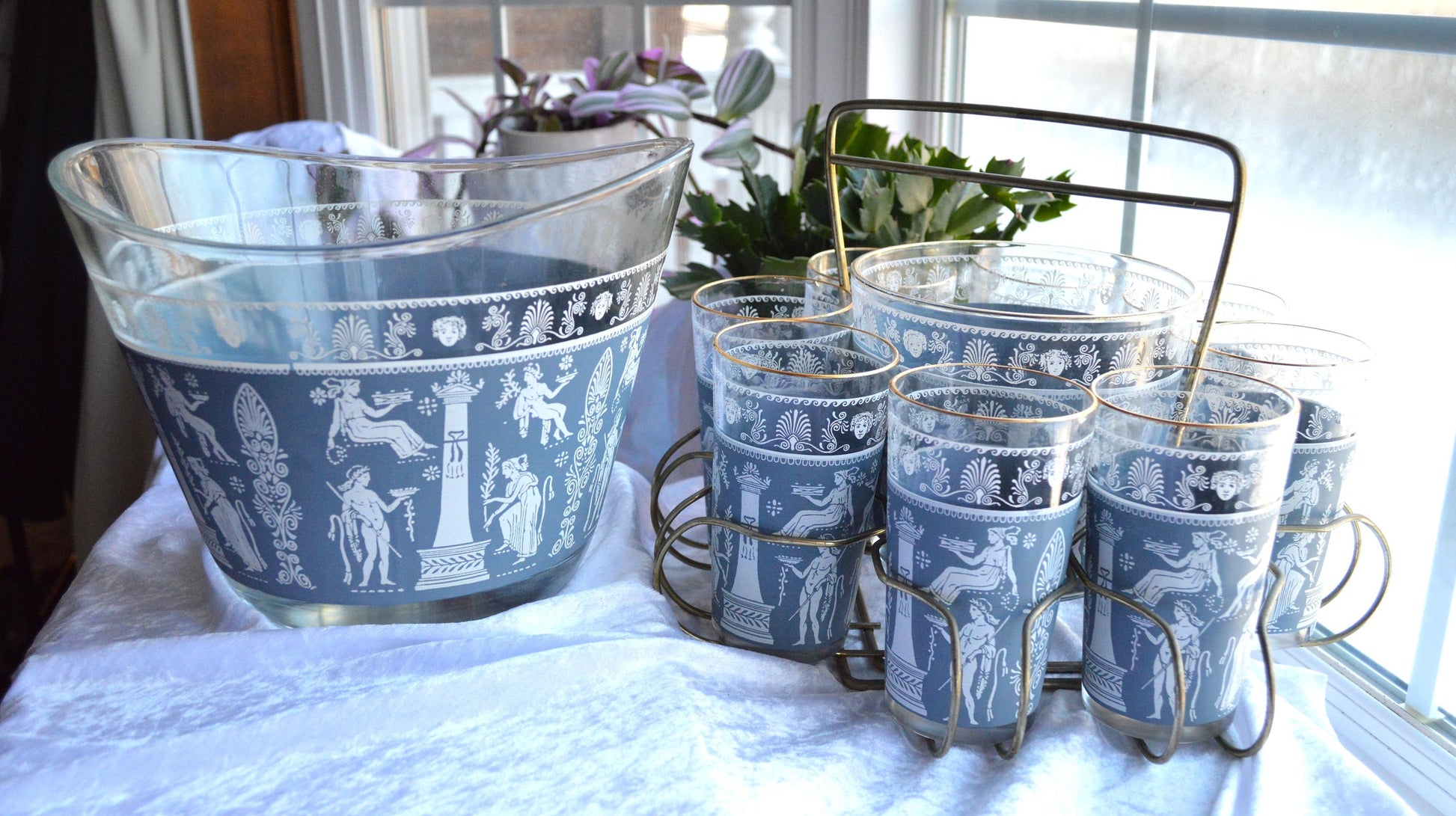 Vintage Jeannette Glass Punch Set, Hellenic Blue Greek Key Design, 1950s Barware