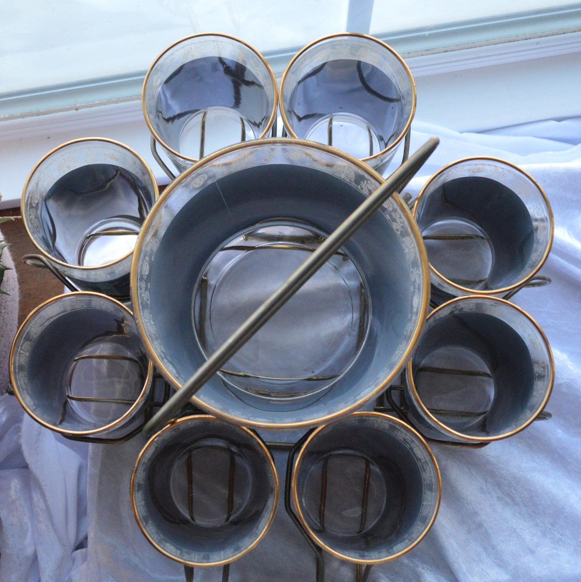 Vintage Jeannette Glass Punch Set, Hellenic Blue Greek Key Design, 1950s Barware
