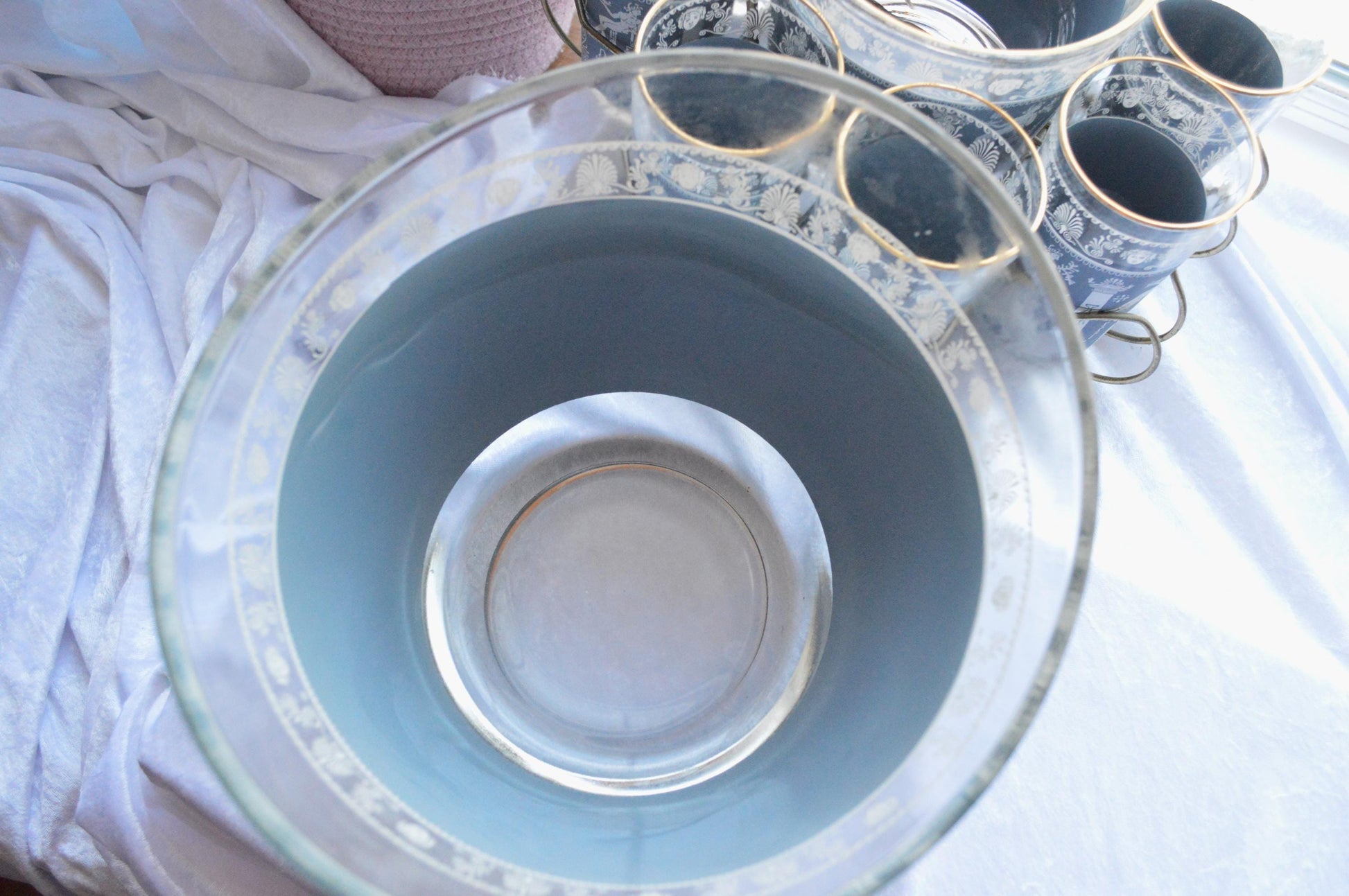 Vintage Jeannette Glass Punch Set, Hellenic Blue Greek Key Design, 1950s Barware