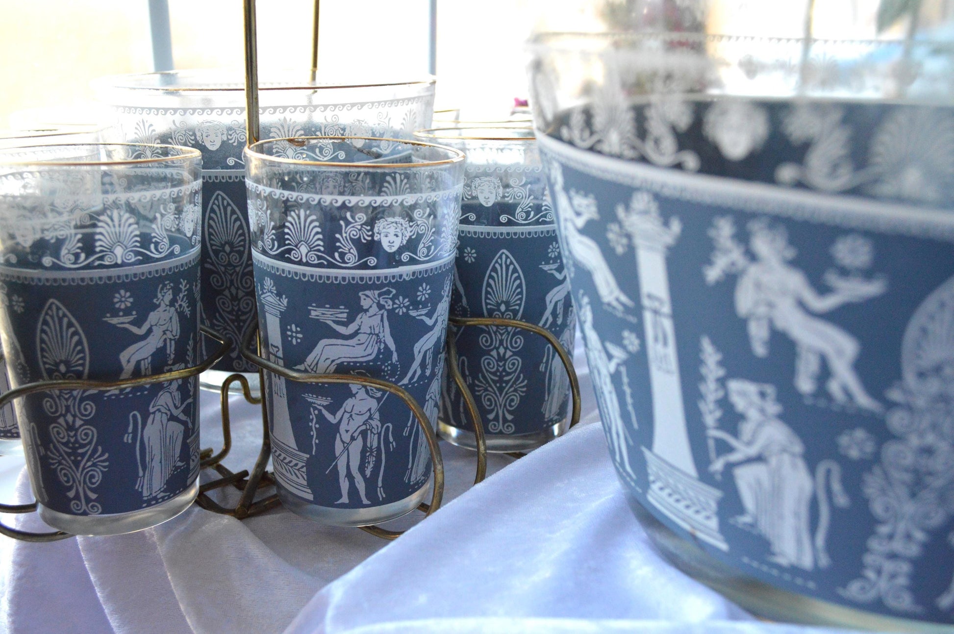 Vintage Jeannette Glass Punch Set, Hellenic Blue Greek Key Design, 1950s Barware