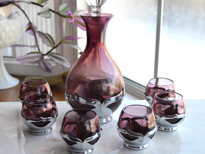 Vintage Art Deco Farber Brothers Krome Kraft Decanter Set in Amethyst Glass