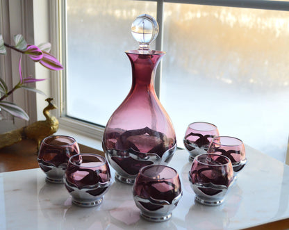 Vintage Art Deco Farber Brothers Krome Kraft Decanter Set in Amethyst Glass