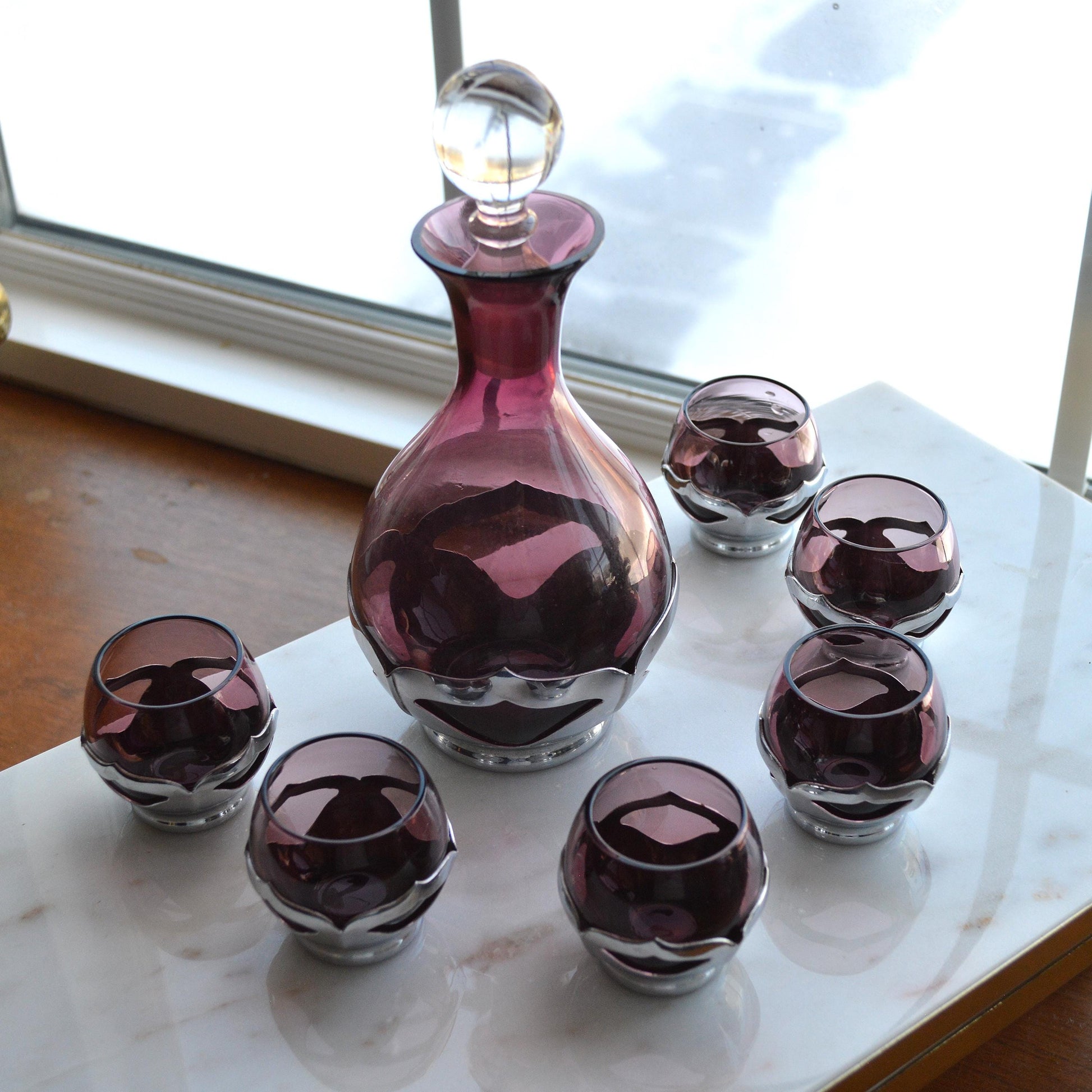 Vintage Art Deco Farber Brothers Krome Kraft Decanter Set in Amethyst Glass