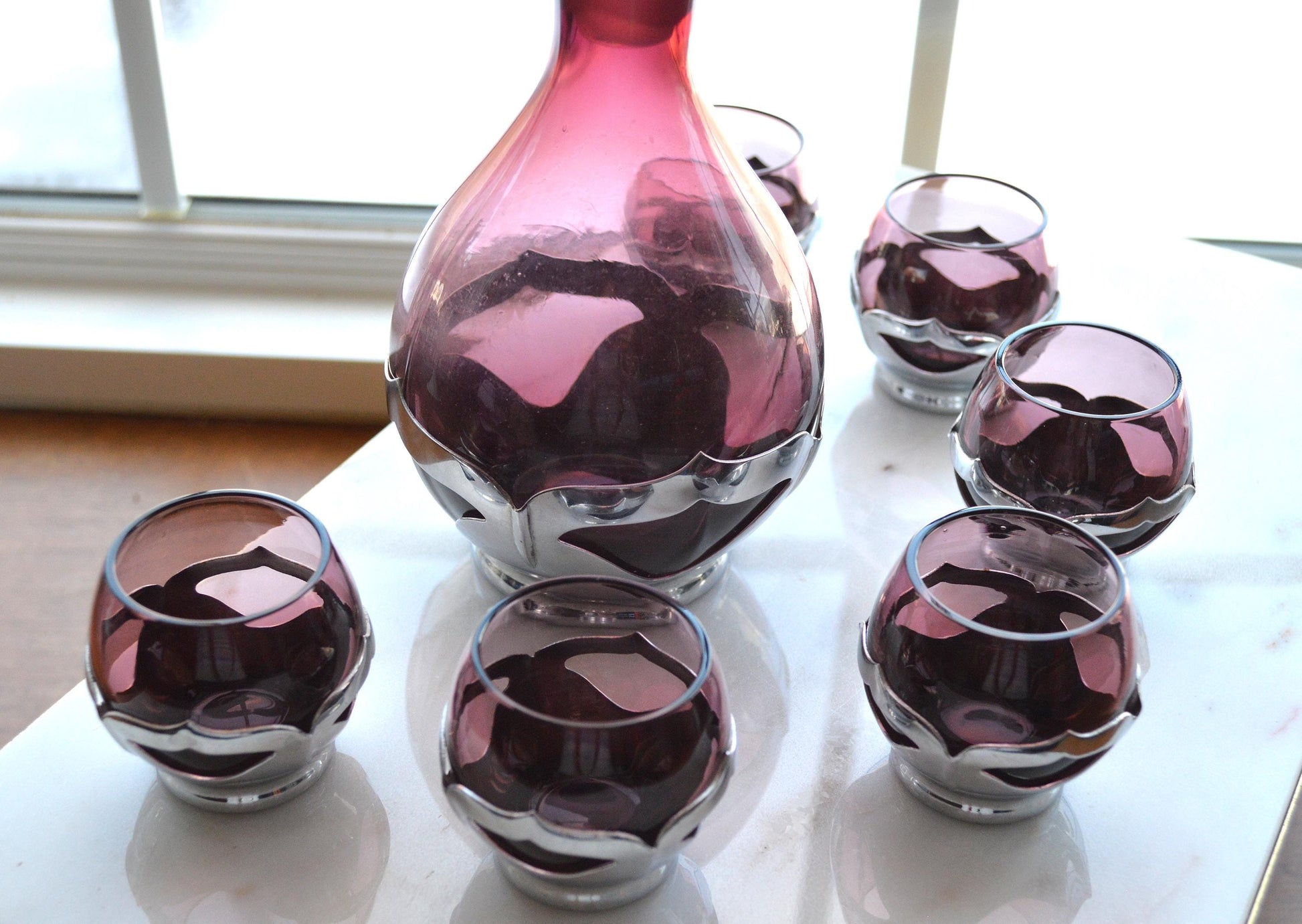 Vintage Art Deco Farber Brothers Krome Kraft Decanter Set in Amethyst Glass