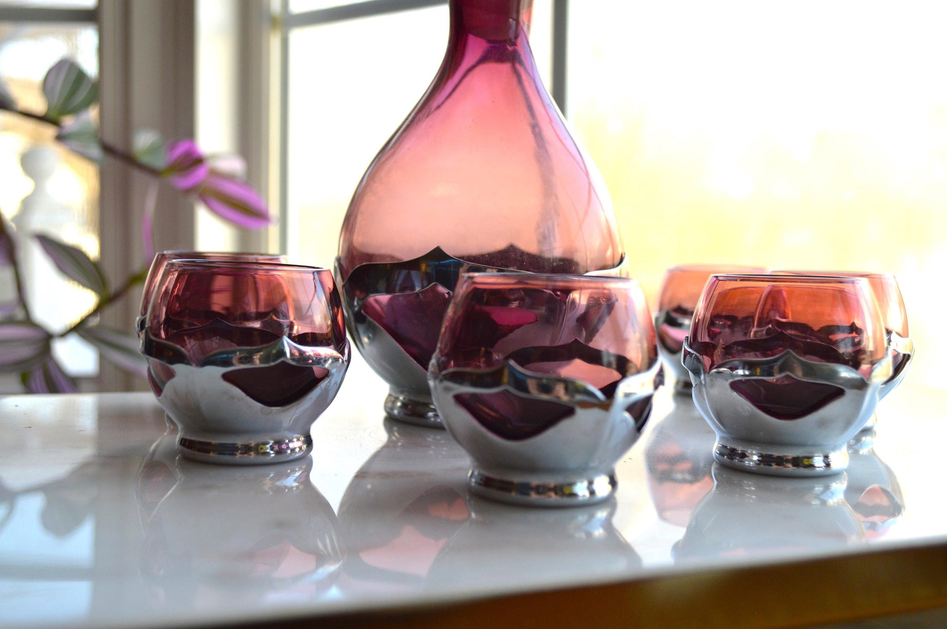 Vintage Art Deco Farber Brothers Krome Kraft Decanter Set in Amethyst Glass