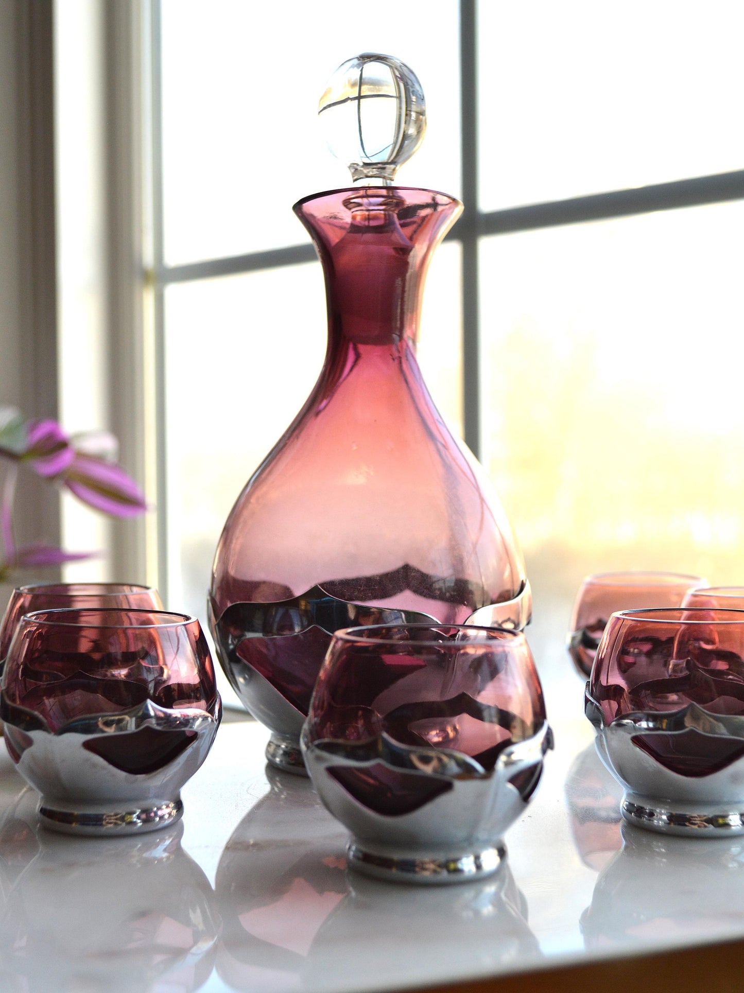 Vintage Art Deco Farber Brothers Krome Kraft Decanter Set in Amethyst Glass