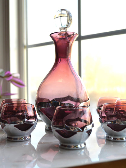 Vintage Art Deco Farber Brothers Krome Kraft Decanter Set in Amethyst Glass