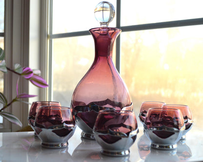 Vintage Art Deco Farber Brothers Krome Kraft Decanter Set in Amethyst Glass