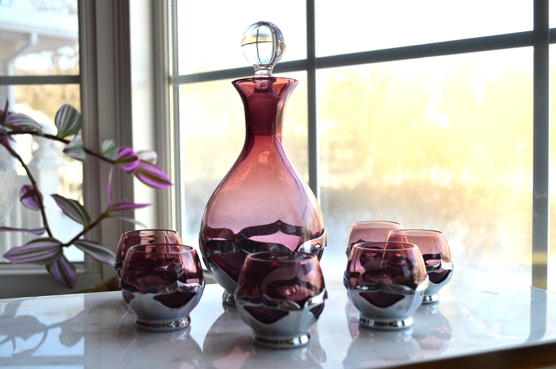 Vintage Art Deco Farber Brothers Krome Kraft Decanter Set in Amethyst Glass