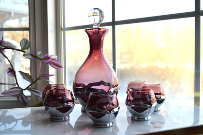 Vintage Art Deco Farber Brothers Krome Kraft Decanter Set in Amethyst Glass