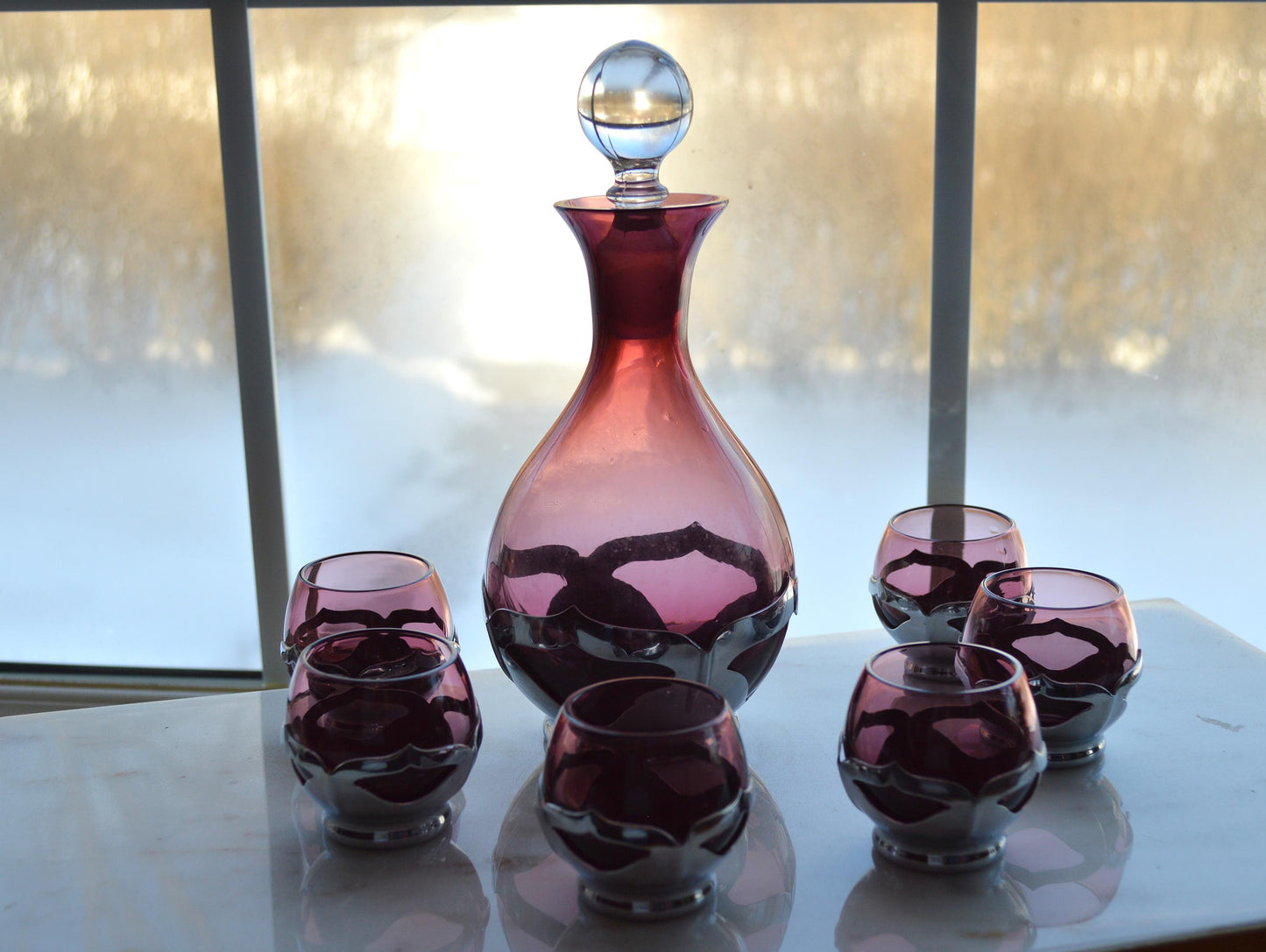 Vintage Art Deco Farber Brothers Krome Kraft Decanter Set in Amethyst Glass