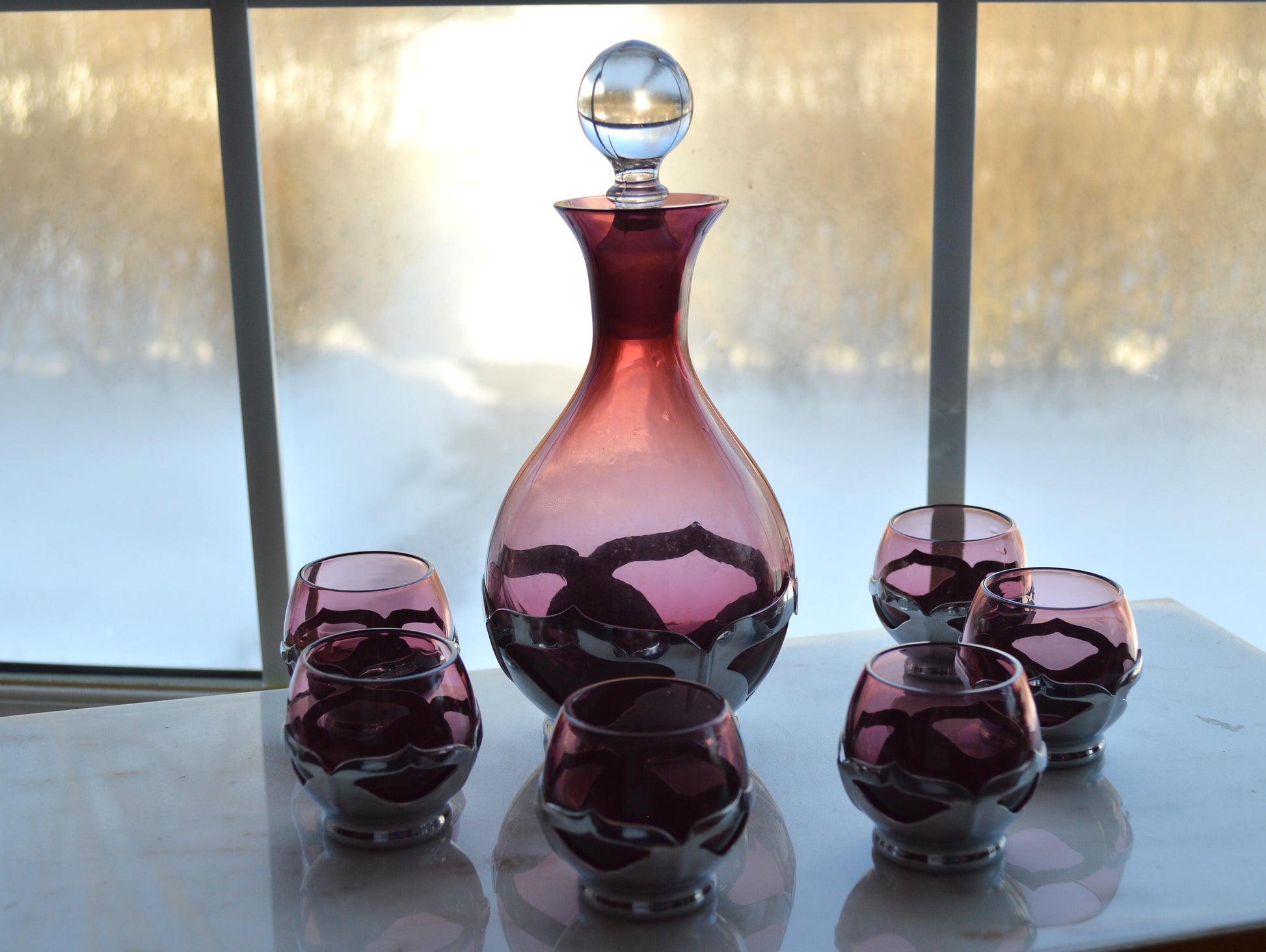 Vintage Art Deco Farber Brothers Krome Kraft Decanter Set in Amethyst Glass