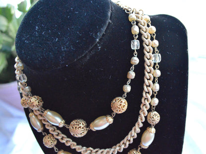 Vintage Multi Strand Faux Pearl Adjustable Choker Necklace