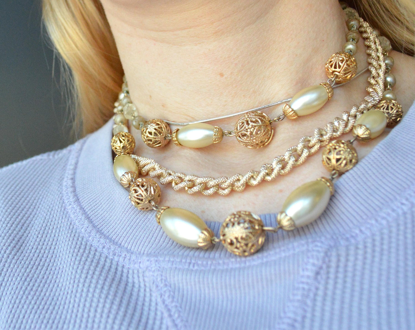 Vintage Multi Strand Faux Pearl Adjustable Choker Necklace