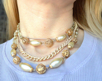 Vintage Multi Strand Faux Pearl Adjustable Choker Necklace