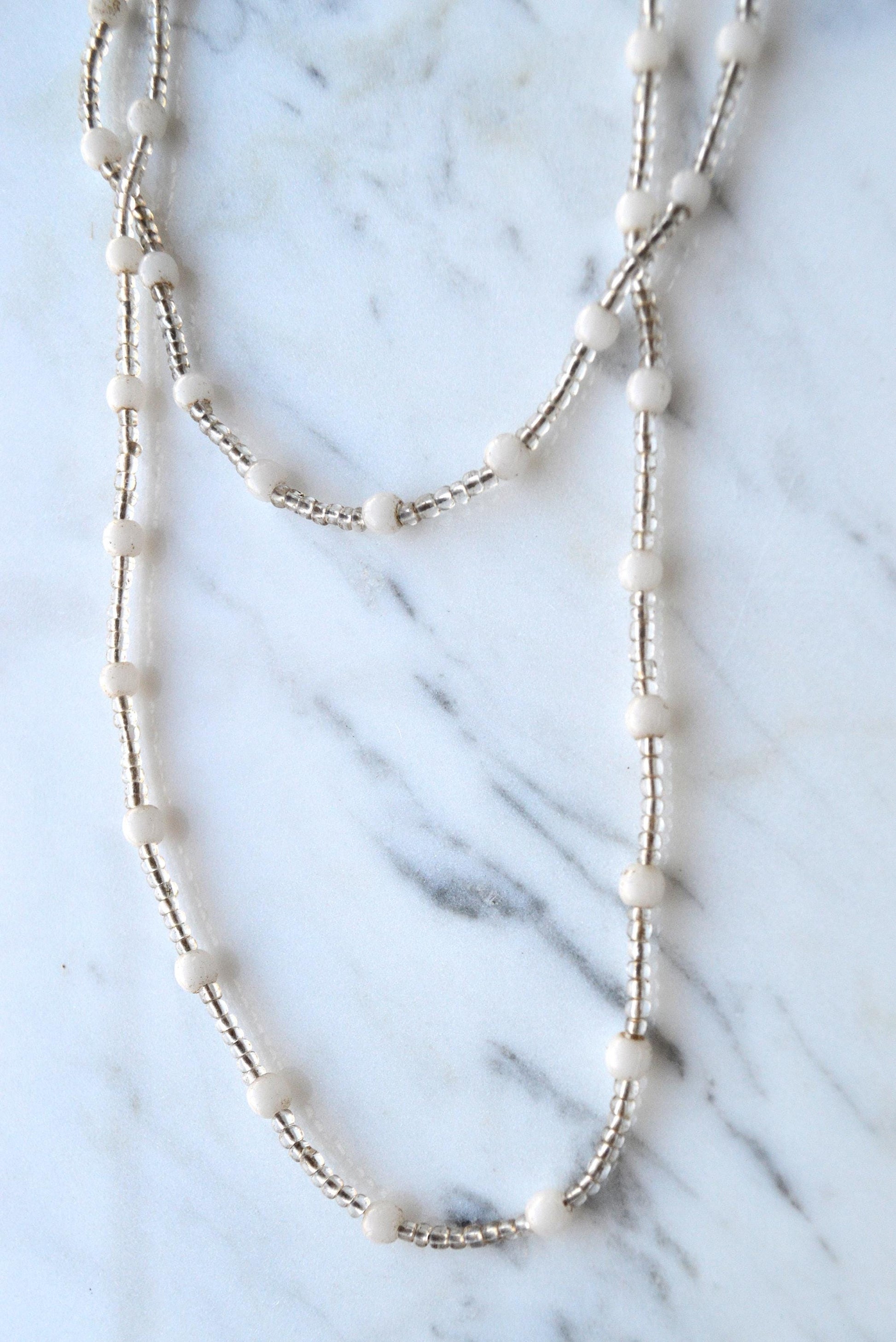 Vintage Cream and White Beaded Opera Length Necklace
