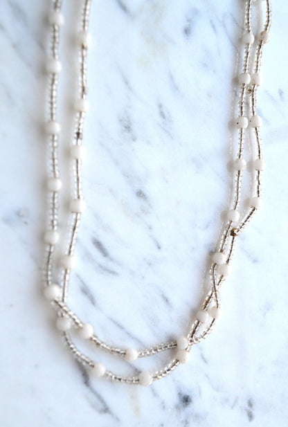 Vintage Cream and White Beaded Opera Length Necklace
