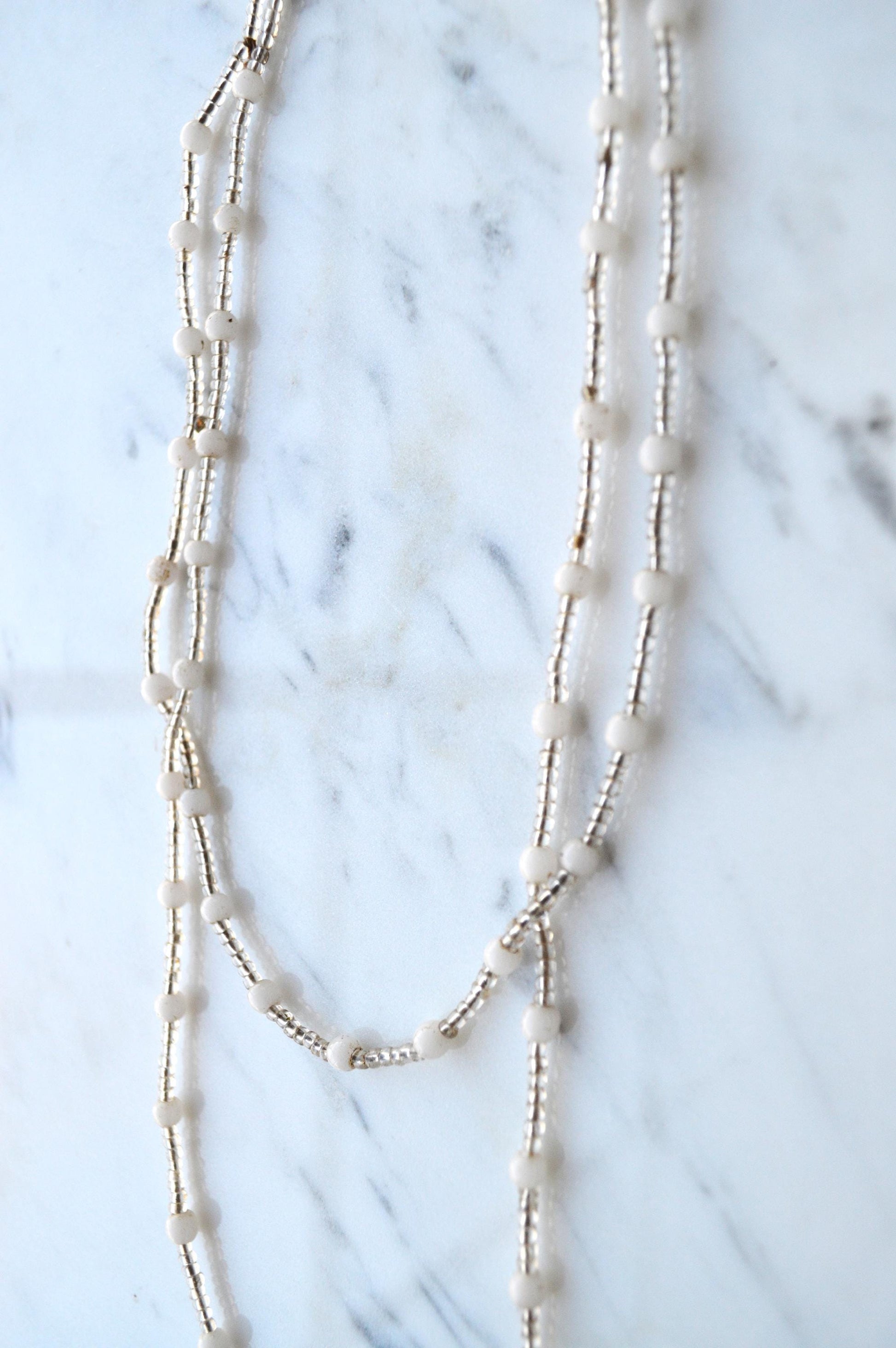 Vintage Cream and White Beaded Opera Length Necklace