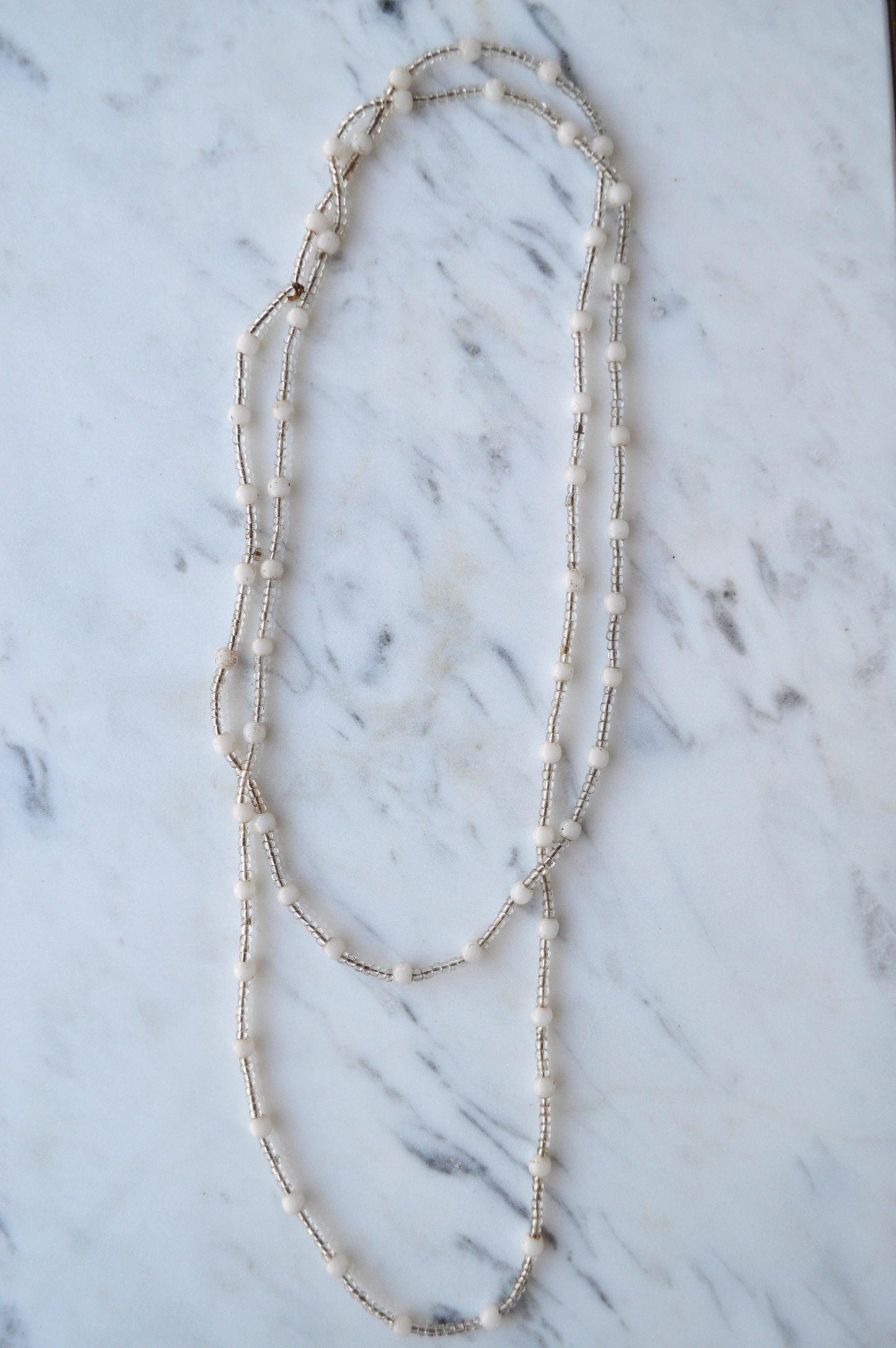 Vintage Cream and White Beaded Opera Length Necklace