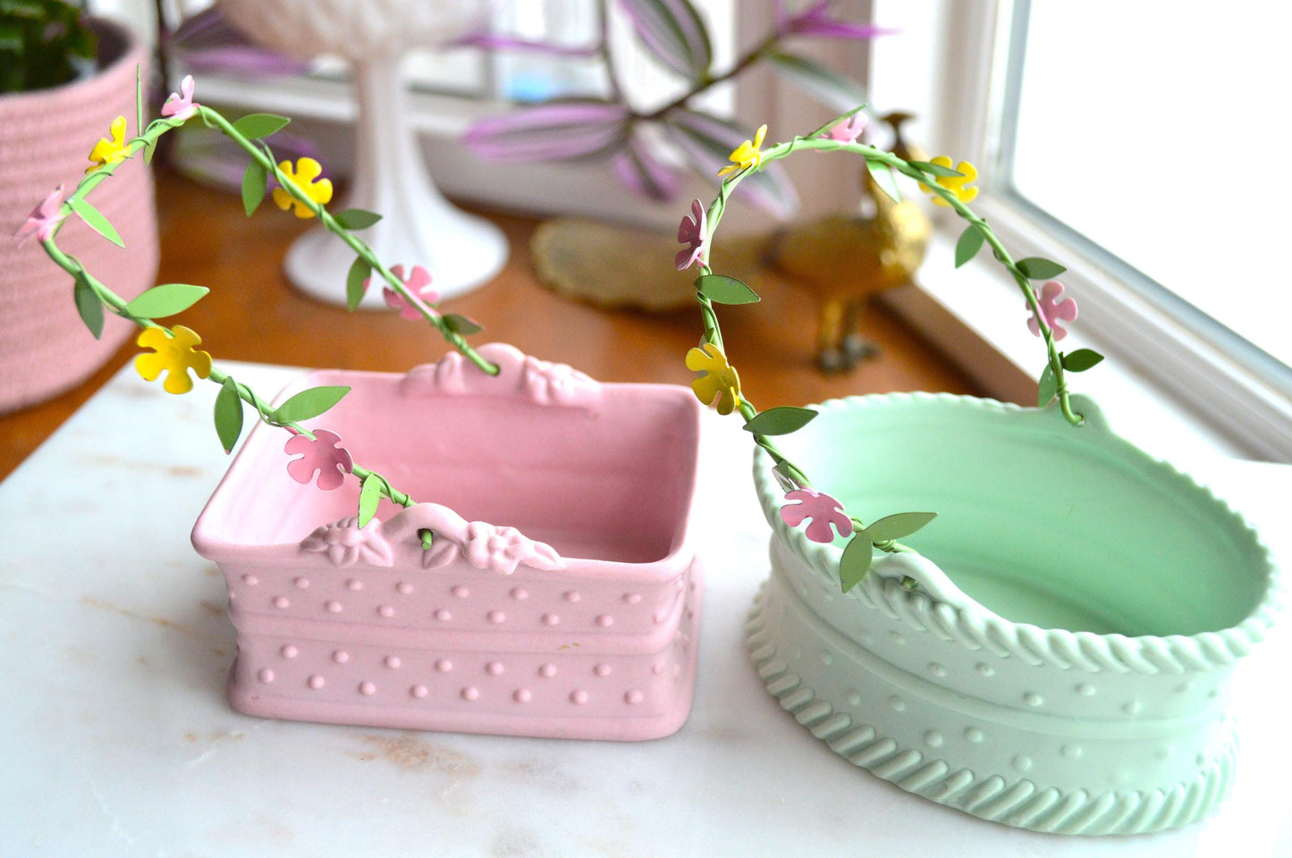 Vintage 1980's Department 56 Pink and Green Ceramic Baskets with Floral Metal Handle
