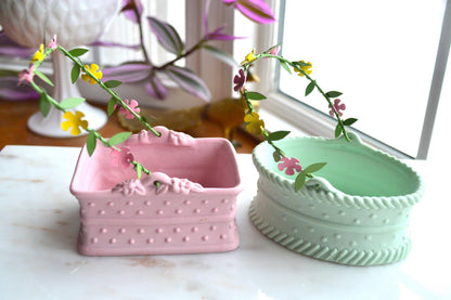Vintage 1980's Department 56 Pink and Green Ceramic Baskets with Floral Metal Handle