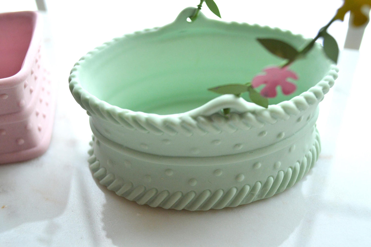 Vintage 1980's Department 56 Pink and Green Ceramic Baskets with Floral Metal Handle