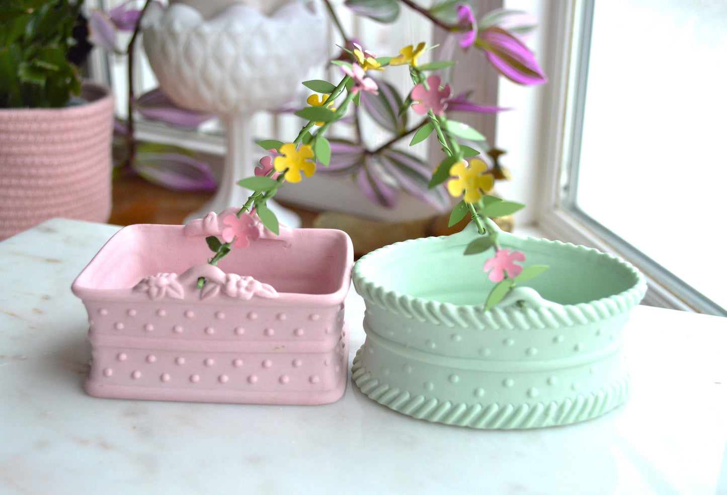 Vintage 1980's Department 56 Pink and Green Ceramic Baskets with Floral Metal Handle