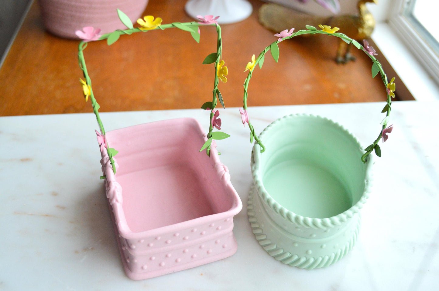 Vintage 1980's Department 56 Pink and Green Ceramic Baskets with Floral Metal Handle