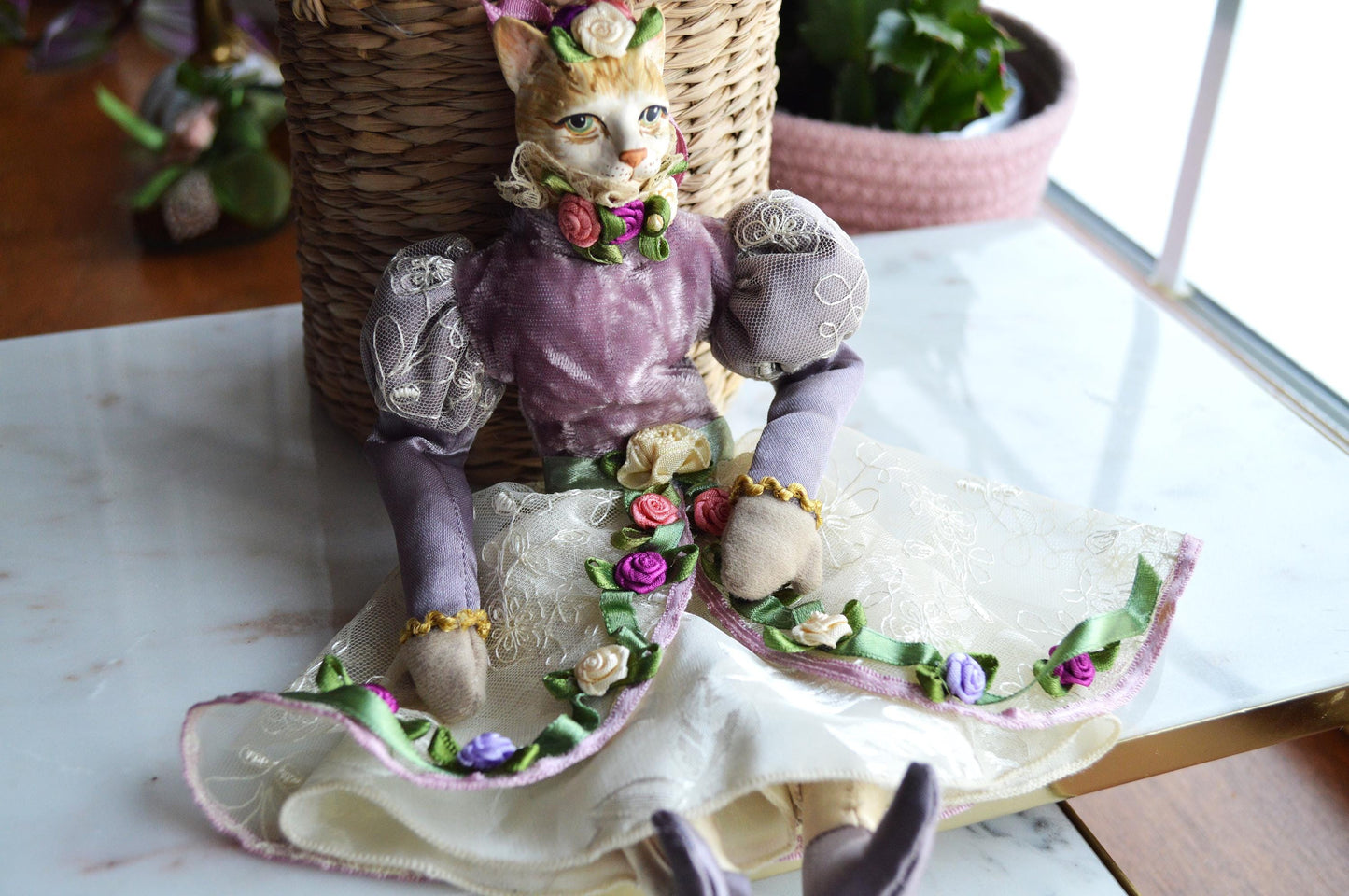 Vintage Katherine's Collection Victorian Cat Lavender and Lace with Rose Trim