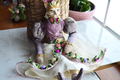Vintage Katherine's Collection Victorian Cat Lavender and Lace with Rose Trim