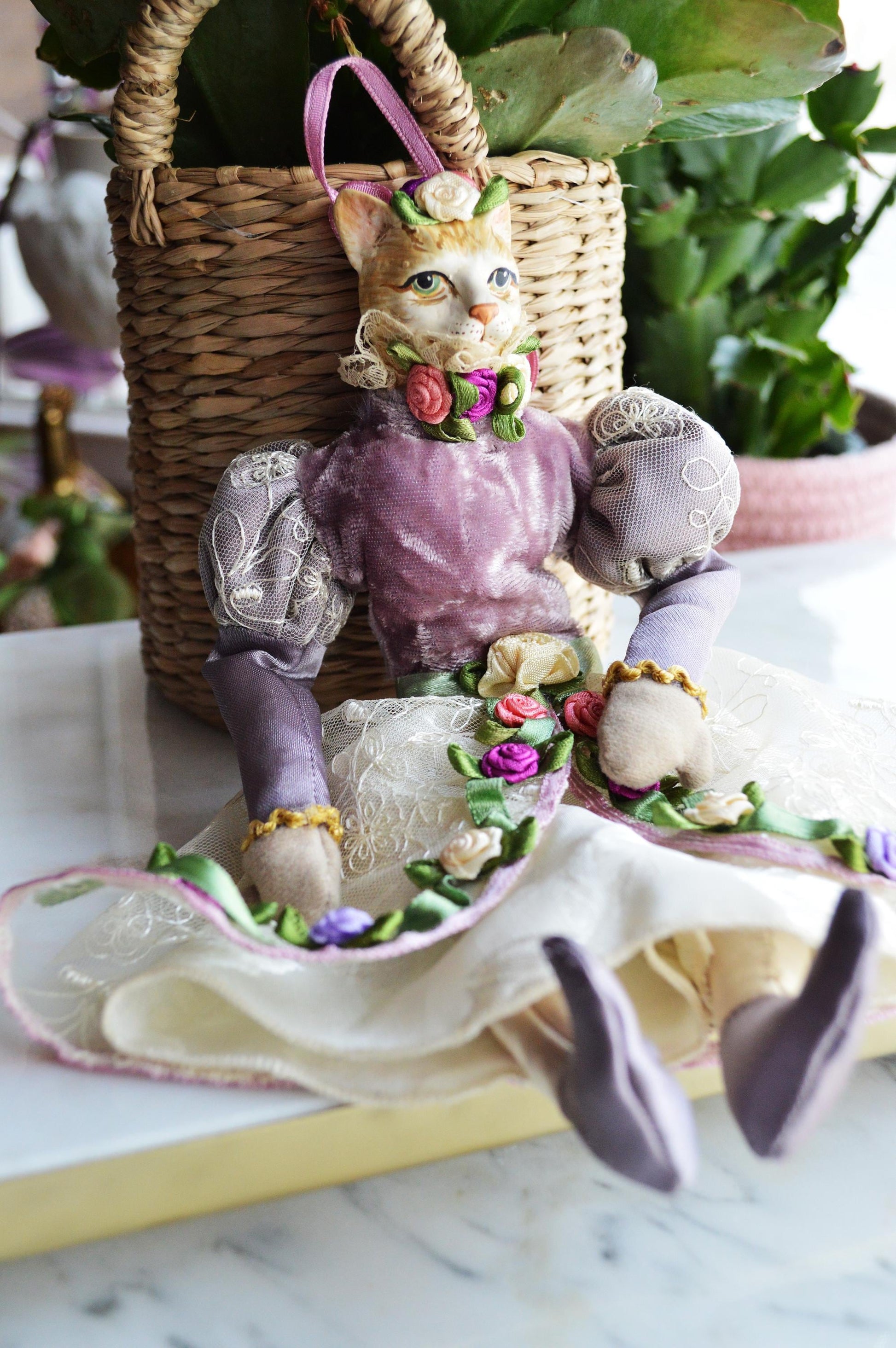 Vintage Katherine's Collection Victorian Cat Lavender and Lace with Rose Trim