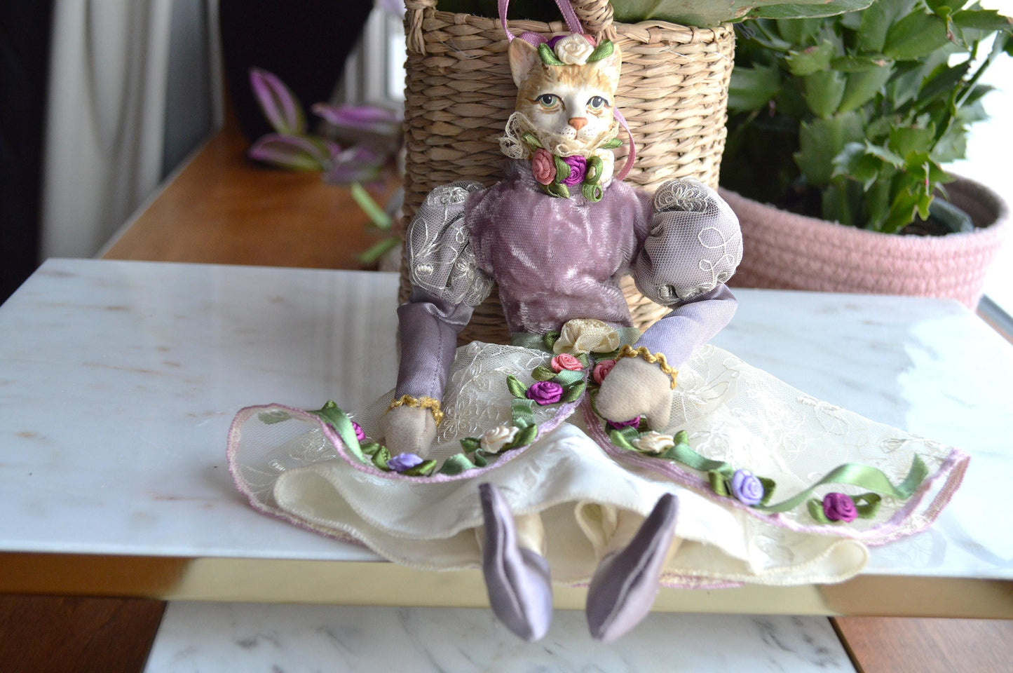 Vintage Katherine's Collection Victorian Cat Lavender and Lace with Rose Trim