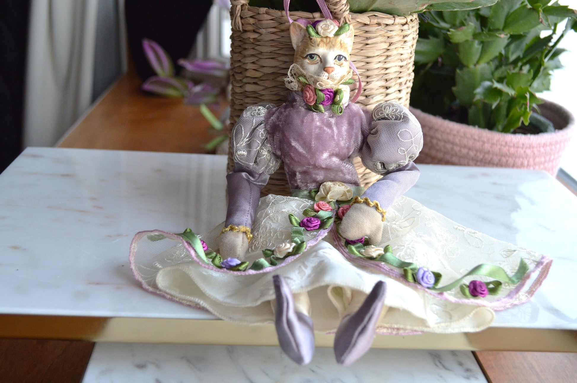Vintage Katherine's Collection Victorian Cat Lavender and Lace with Rose Trim
