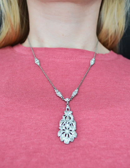 Vintage Art Deco Pot Metal Paste Rhinestone Festoon Drop Lavalier Necklace