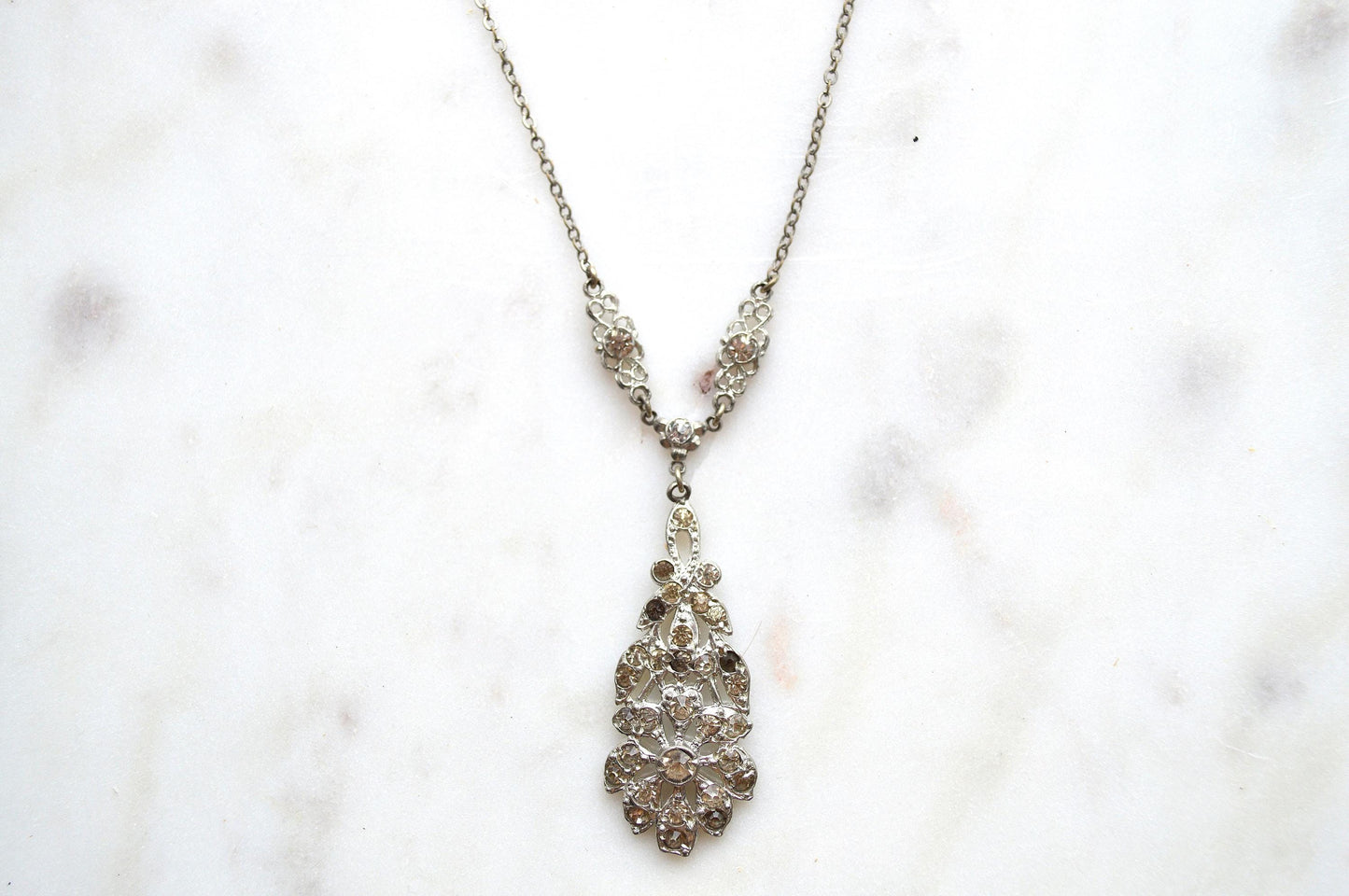 Vintage Art Deco Pot Metal Paste Rhinestone Festoon Drop Lavalier Necklace