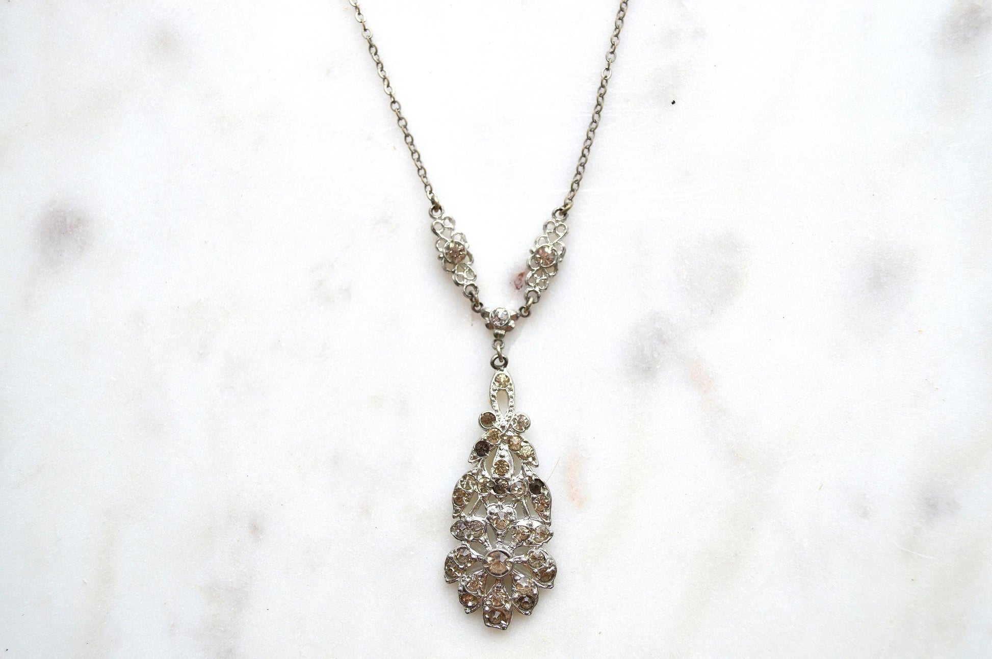 Vintage Art Deco Pot Metal Paste Rhinestone Festoon Drop Lavalier Necklace