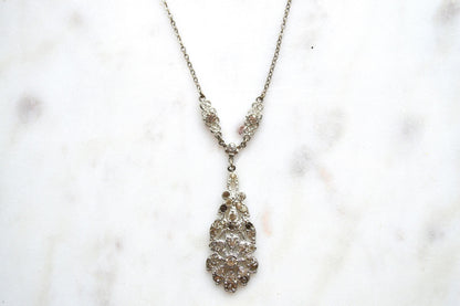 Vintage Art Deco Pot Metal Paste Rhinestone Festoon Drop Lavalier Necklace