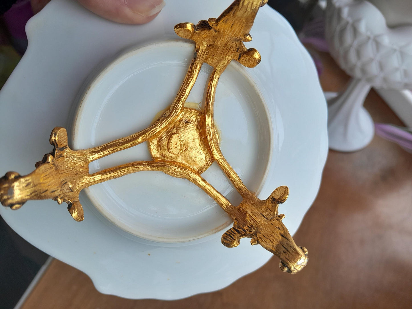 Haviland Porcelain Limoges Soap Dish with Stylebuilt Holywood Regency Gold Plated Leg Base