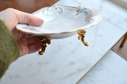 Haviland Porcelain Limoges Soap Dish with Stylebuilt Holywood Regency Gold Plated Leg Base