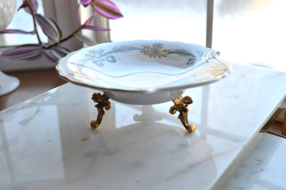 Haviland Porcelain Limoges Soap Dish with Stylebuilt Holywood Regency Gold Plated Leg Base