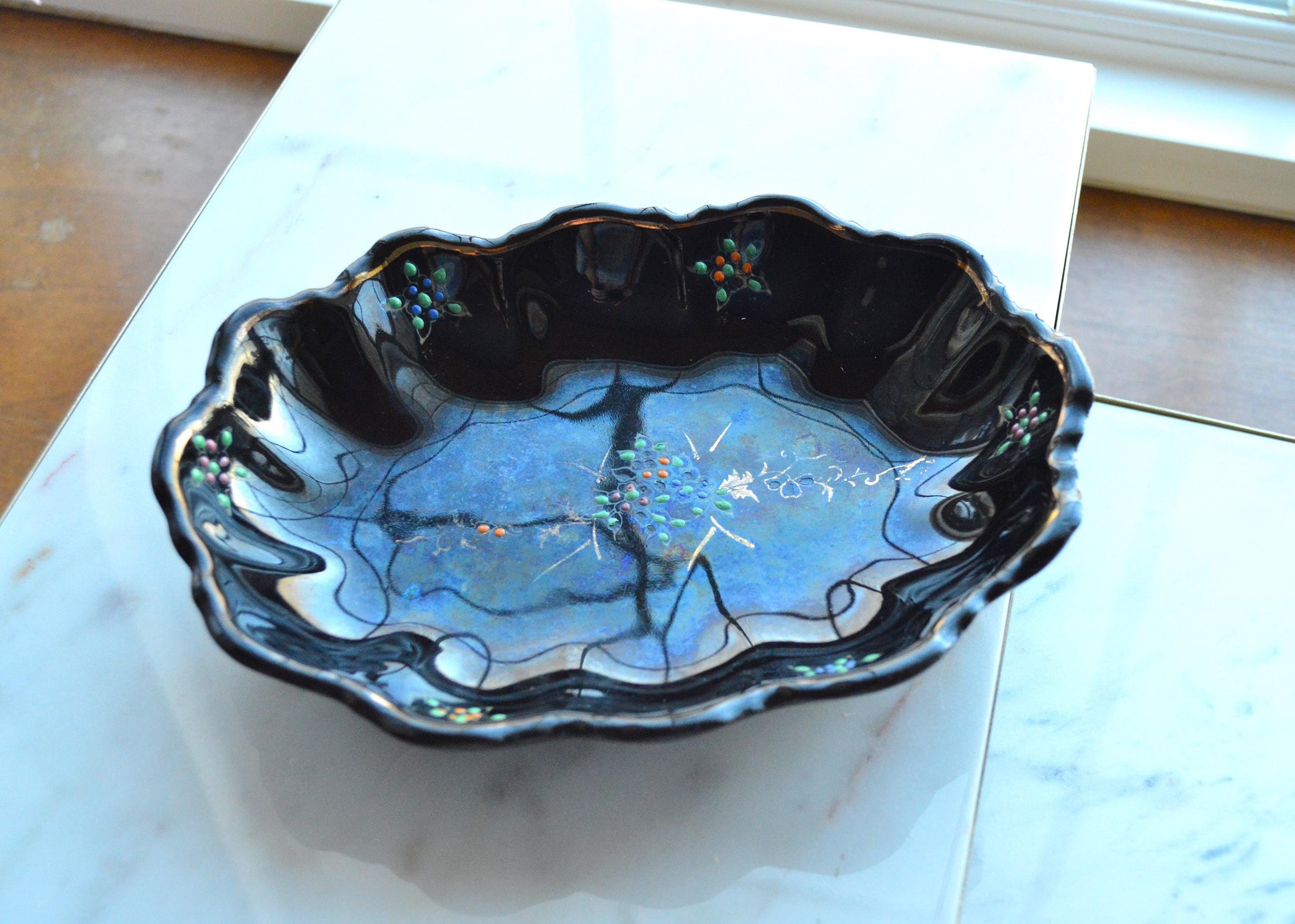 Vintage Japanese Black Glazed Redware Moriage Dish