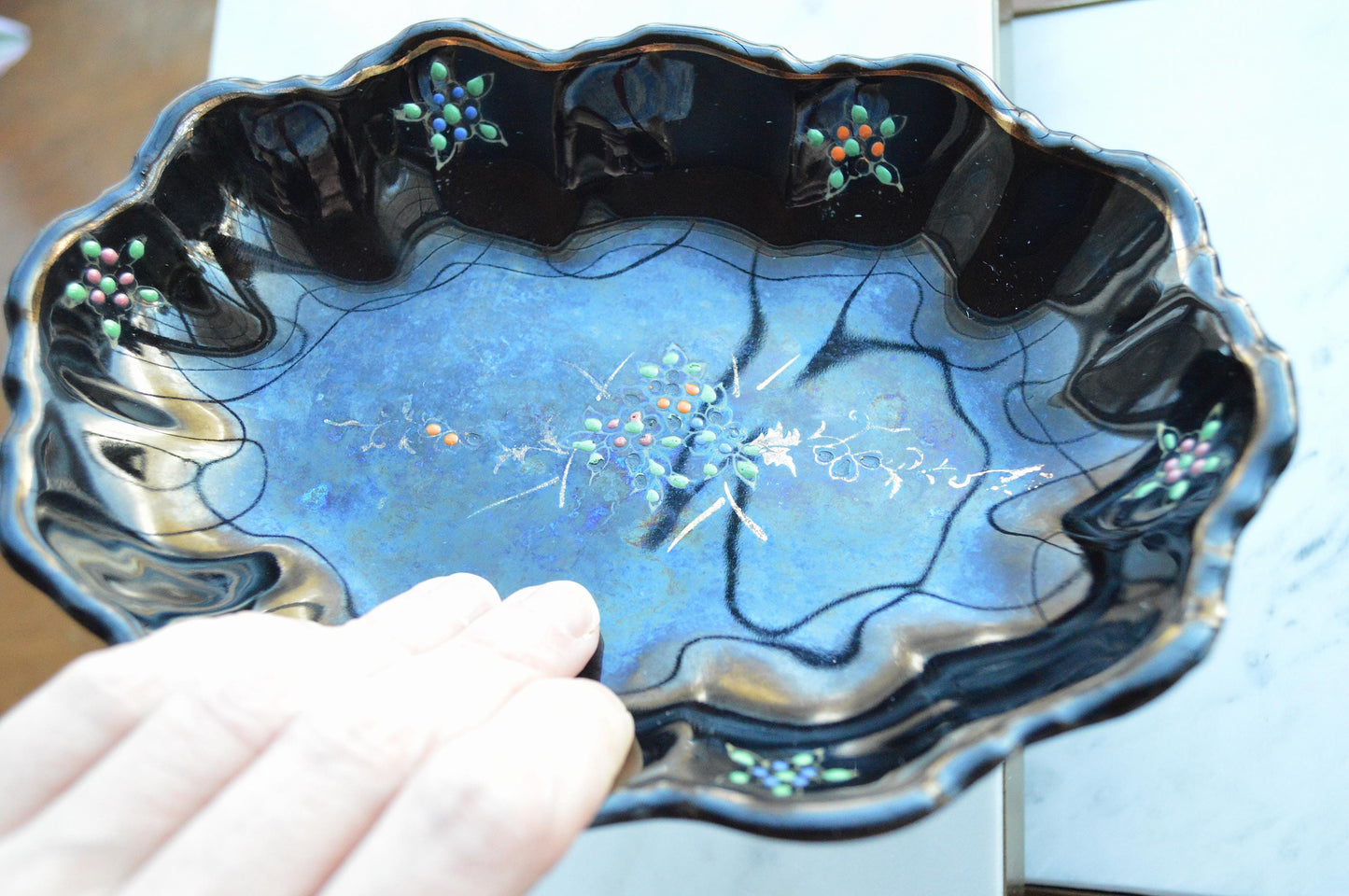 Vintage Japanese Black Glazed Redware Moriage Dish