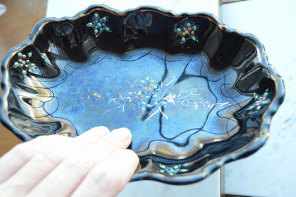 Vintage Japanese Black Glazed Redware Moriage Dish