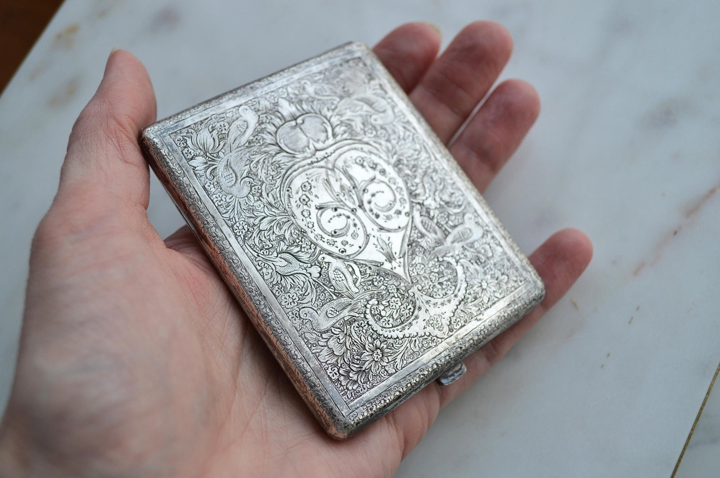 Antique Victorian Solid Silver Card Case/Wallet – Engraved Birds & Florals