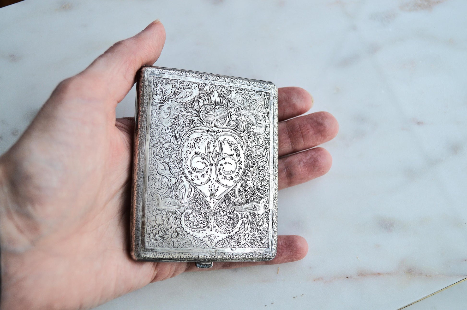 Antique Victorian Solid Silver Card Case/Wallet – Engraved Birds & Florals